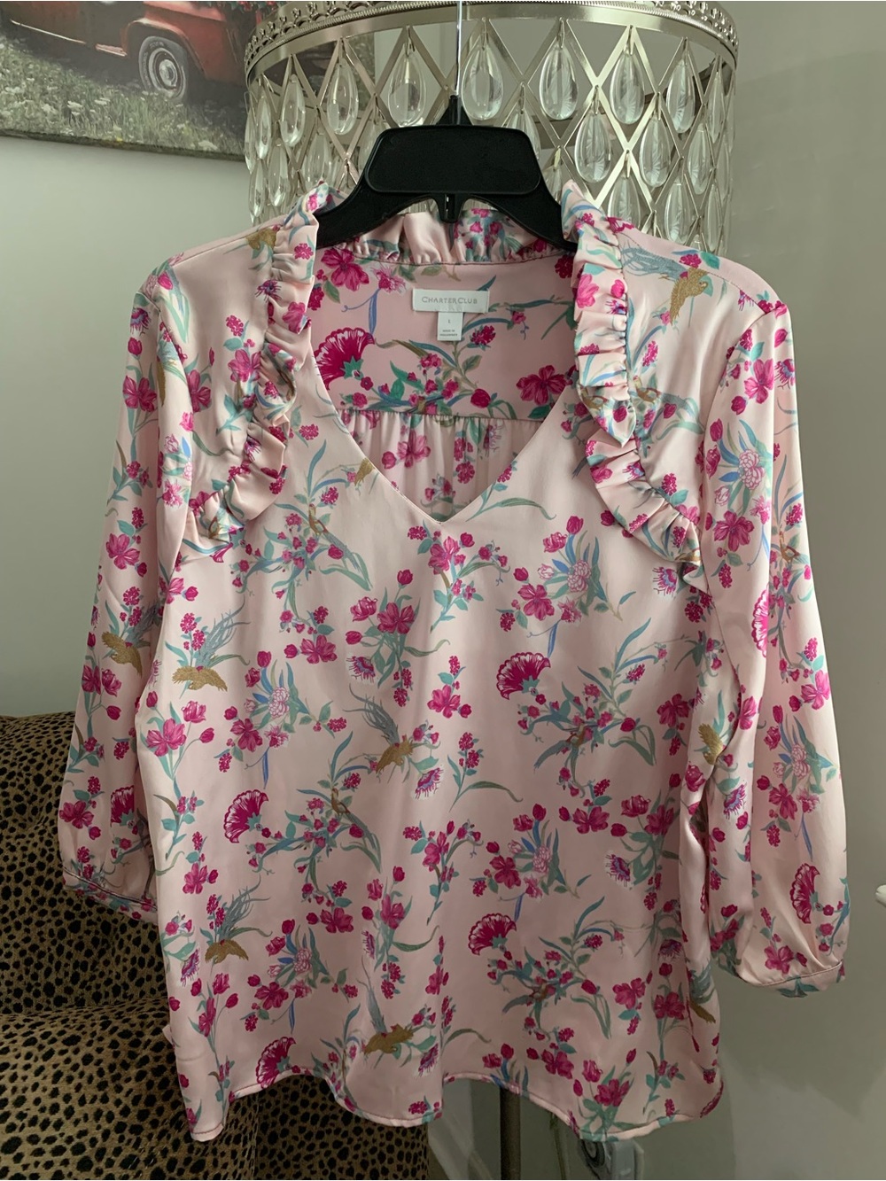 Charter Club Pink Floral Ruffle V-Neck Blouse with Blue & Gold Accents